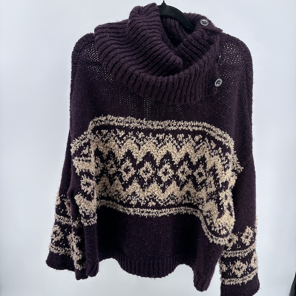 Free People Ragnar Fair Isle Split Cowl Neck Sweater Purple Merlot Wool S Boho